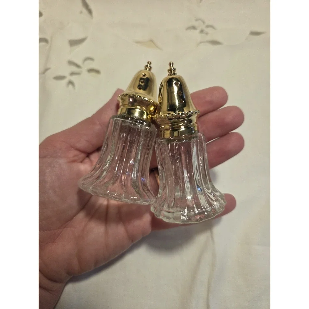 Vintage Salt And Pepper Shaker Set Pressed Glass And Gold Plated Tops
